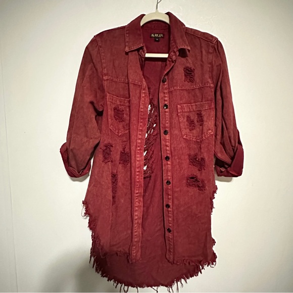 Kroix Red Distressed Ripped Fringe Button-Up Denim Jacket Shirt Size 1X Grunge - Picture 1 of 9